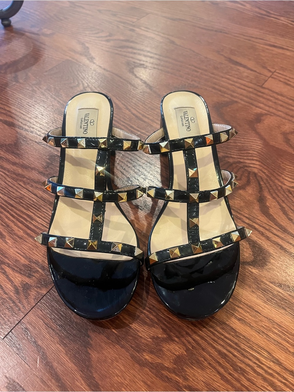 Valentino Garavani Black Rockstud Patent Leather Slide Heels